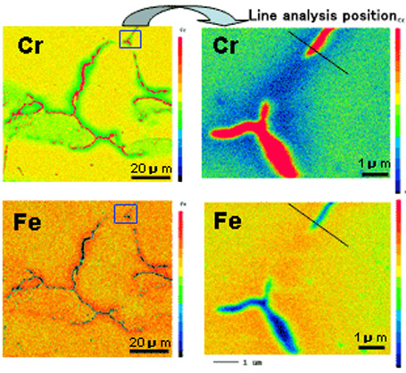 Cr and Fe concentration plane distribution and grain boundary line distribution in surface of sensitized ferrite-based stainless steel