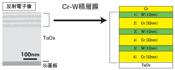 図2　Cr-W積層膜断面の反射電子像とCr-W積層膜の模式図