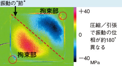 3次共振点写真　圧縮／引張で振動の位相が約180°異なる